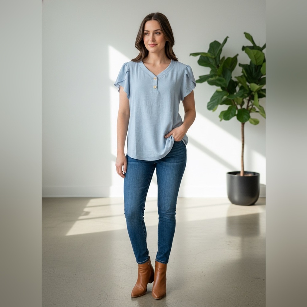 Women’s Anyproud Light Blue Short flutter sleeve blouse XL NWT
